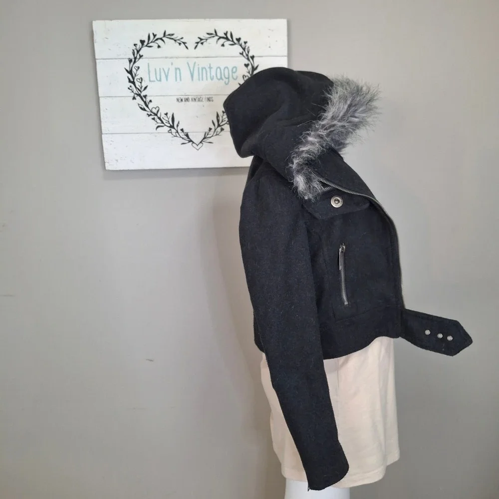 JouJou Girls Charcoal Grey‎ Faux Fur Hooded Moto Jacket Size Medium 10 12